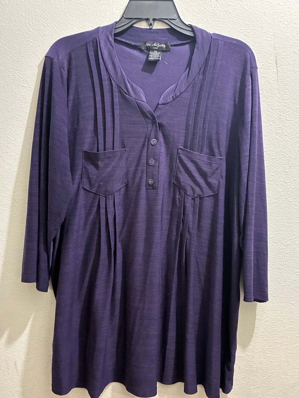 Elie McCarthy Plus Size 3X Purple Henley Blouse Pintuck Pleat Tunic 3/4 Sleeve